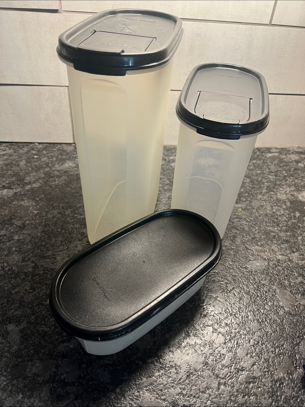 Set of 3 BLACK LID TUPPERWARE MODULAR MATES. Flip lids. Stacking. Pantry storage